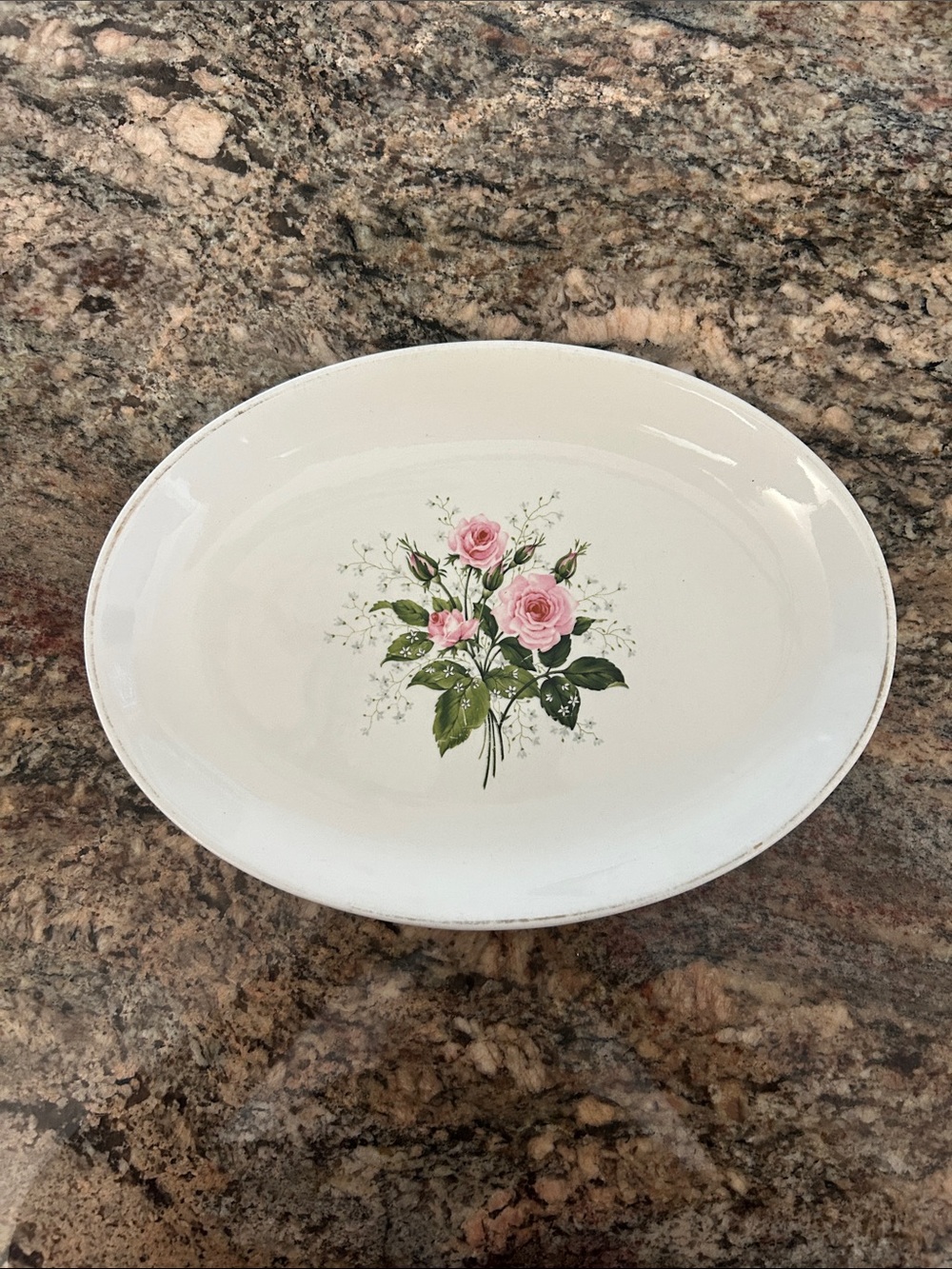 White Oval Serving Platter with Pink Rose Bouquet